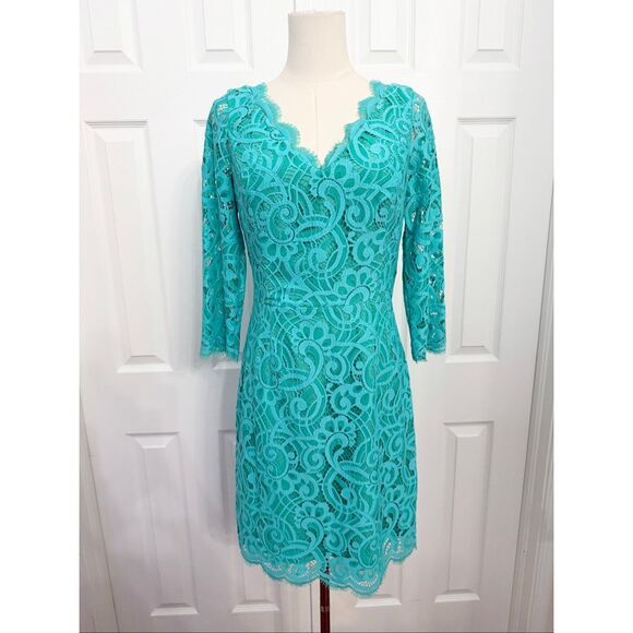 Lilly Pulitzer Womens Blue Green Helene Lagoon Lace Sheath Mini Dress Size 6 - Picture 1 of 7